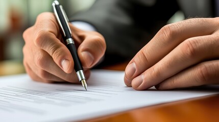 Business Professional Signing Important Document at Office Desk with Pen in Hand