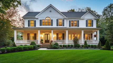 Fototapeta premium Charming Colonial Style Home with Spacious Porch and Lush Green Lawn at Sunset in a Serene Neighborhood Setting