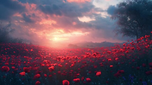 Seamless Looping Sunset Over Poppy Field Video Background