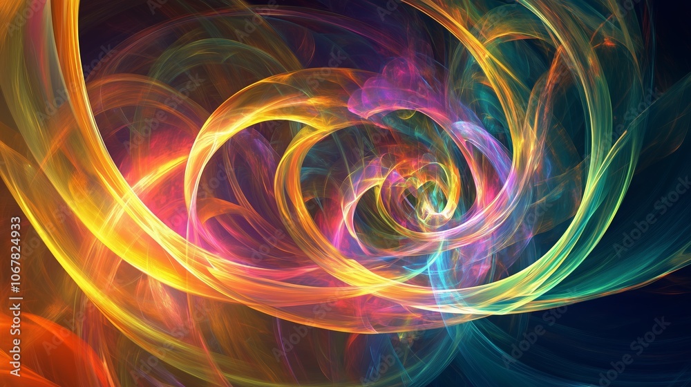 Poster colorful abstract swirl of light patterns creating vibrant energy in a dark background setting