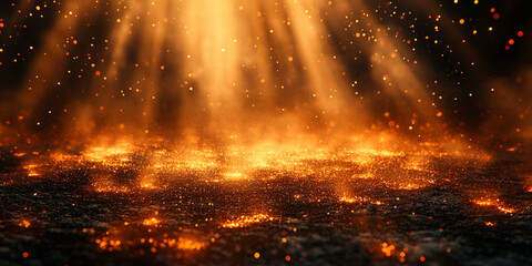 golden particles floating and swirling in the center of a dark, empty room, casting a warm glow and creating a mysterious, ethereal ambiance with a hint of wonder