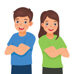 Happy couple portrait man and woman standing with folded hands 
