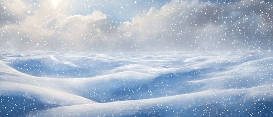 Expansive view gentle snowfall over soft snowdrifts, capturing a serene winter landscape