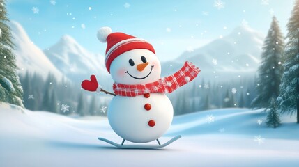 Cute snowman ski in snow field in mountain.