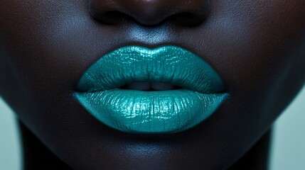 Extreme close-up of a model lips with bold, vibrant aqua green lipstick in a matte