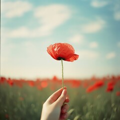 A close-up, dreamy photograph of a hand delicately holding a vibrant red poppy flower against a backdrop of a vast field filled