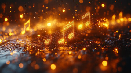 Floating musical notes and sound waves dance through the air against a dark background, symbolizing the energy, flow, and emotion of music. This vibrant scene captures music’s dynamic essence