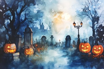 Obraz premium A foggy graveyard scene bathed in a ghostly glow with jack-o'-lanterns scattered around, while an antique lamppost adds an eerie charm to the chilling scene.