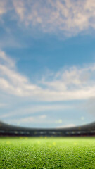 Empty football stadium with green field and blue sky. The field is ready for a game