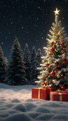 A beautifully decorated Christmas tree stands in a snowy landscape, surrounded by tall spruce trees during winter night