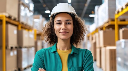 A confident woman in a hard hat stands in a warehouse, surrounded by stacked boxes, representing professionalism and safety in the workplace.