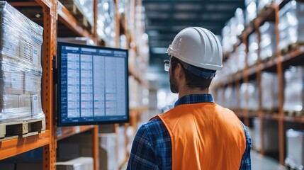 A warehouse worker in a hard hat and safety vest reviews inventory on a screen amidst shelves filled with packages.