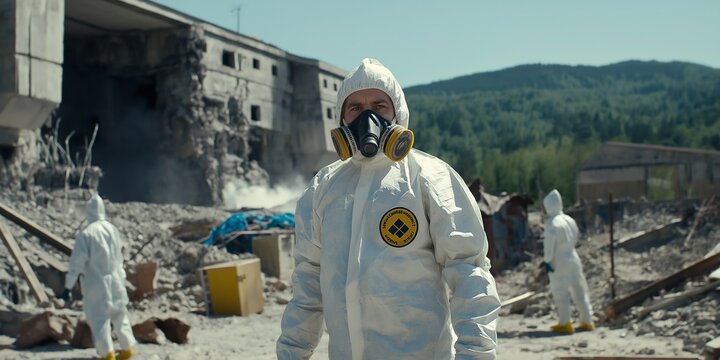 Workers in hazmat suits navigate a chaotic nuclear plant, illuminated by alarms and radioactive glow as they attempt to prevent disaster. AI generated