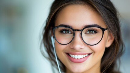 A cheerful young businesswoman engages with clients using a headset while working efficiently on her laptop in the office.