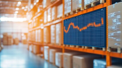 A warehouse interior featuring shelves of boxes and a digital screen displaying data trends, indicating a focus on inventory management and analytics.