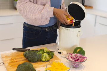 Composting vegetable scraps in kitchen, woman promoting eco-friendly lifestyle, at home