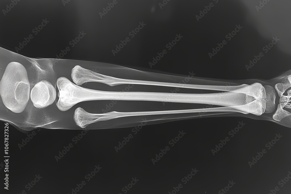 Poster An X-ray image showing the skeletal structure of a human arm with precise detail, illustrating the anatomy of ulna, radius, humerus, and surrounding joints.