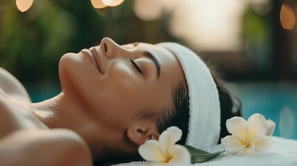Woman enjoying a relaxing spa treatment with her eyes closed, by the poolside in a serene setting. A smiling woman relaxes peacefully with orchid flowers beside her during a spa treatment.