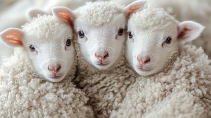 Naklejka premium Close-up of white baby lambs in a sheep pen looking curious and playful