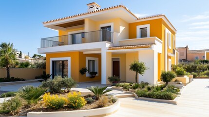 Fototapeta premium Modern two-story house with garden and outdoor space in yellow and white colors. 