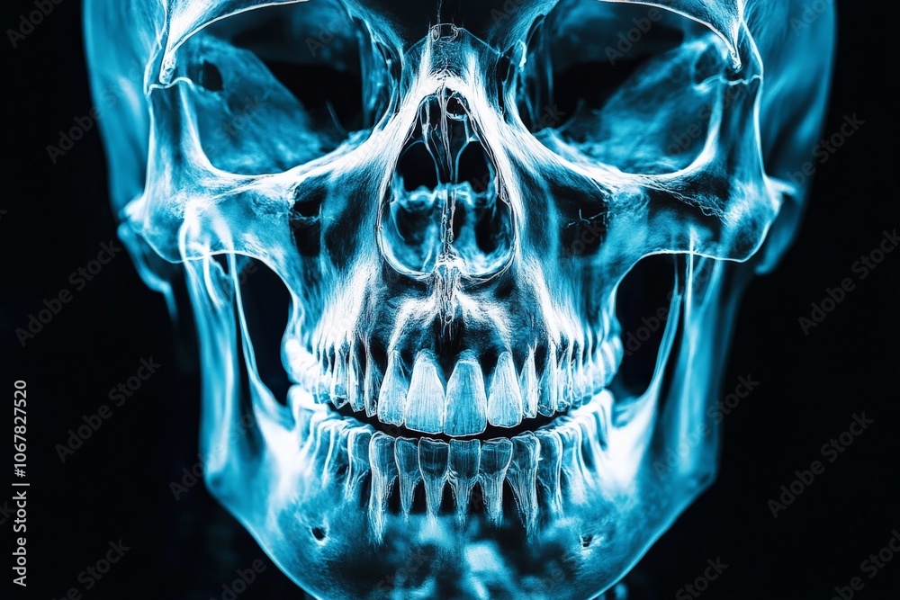 Aufkleber this x-ray image captures a front view of a human skull, illuminated with striking blue light that b