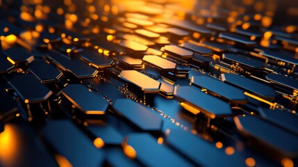 Obraz premium Abstract golden and blue hexagonal pattern with glowing details.