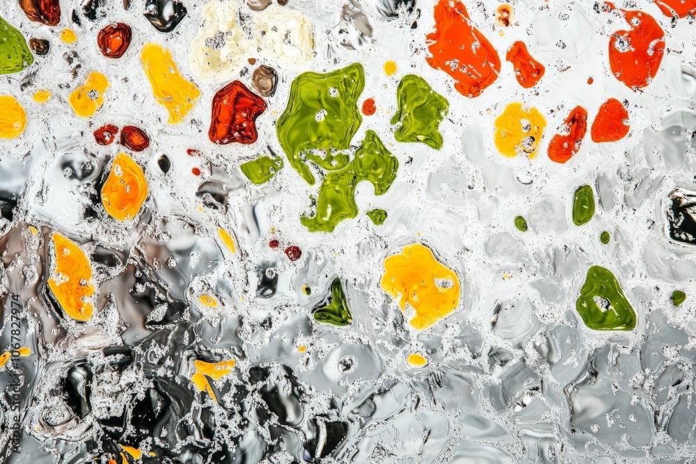 Poster This image is a dynamic display of colors splashed across a liquid surface, showcasing vibrant hues and textures that form a lively and energetic abstract composition.