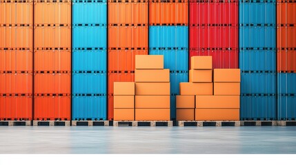Fototapeta premium A colorful array of shipping containers stacked neatly, showcasing vibrant orange and blue hues against a clear backdrop.