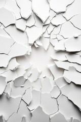 Broken white surface with cracks, white isolated background.
