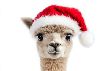 Obraz premium A fluffy alpaca wears a Santa hat, delighting viewers with its lovable nature and spreading festive cheer through its soft, cuddly appearance in the season.
