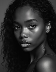 Monochrome Black Beauty Portrait Natural Curls Dark