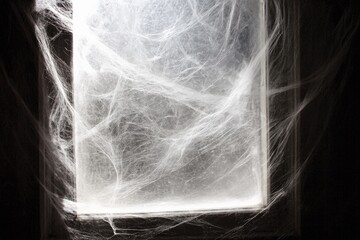 The presence of cobwebs on a window pane is captured in a subtle play of natural light, evoking themes of time, stillness, and the quiet corners of forgotten places.