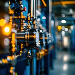 Close-up of industrial valves and gauges in a modern facility, illuminated background.