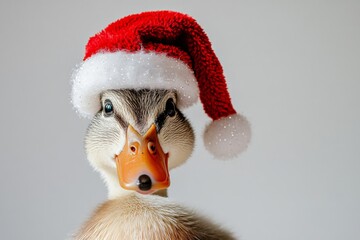 A cute duckling wears a red Santa hat, adding a festive touch. Its fluffy feathers and curious expression make it an endearing image perfect for holiday spirit.