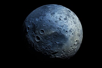 A striking blue-tinted image of a celestial body, showcasing a heavily cratered terrain and apparent surface textures, evoking thoughts of ancient cosmic landscapes.