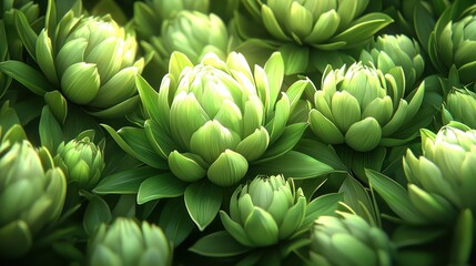 Obraz premium Closeup of green lotus flowers with sunlight shining on them.