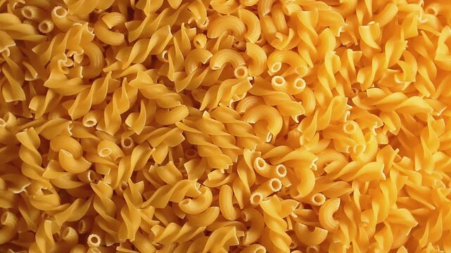 Uncooked Fusilli and Chifferi Rigati Pasta - Top View. Fat and Unhealthy Food. Classic Dry Macaroni, Slowly Rotating Background. Raw Different Macaroni Pasta Texture - Rotate Left