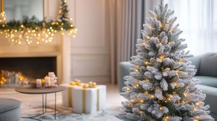 A Snow-Covered Christmas Tree with Warm Lights in a Cozy Living Room