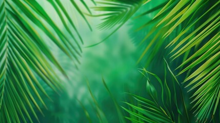 A vibrant closeup of lush green tropical foliage, where sundrenched palm leaves create a serene nature escape.
