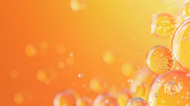 Vibrant orange bubbles dance in fluid motion, creating a dynamic visual that mesmerizes with its softfocused backdrop.