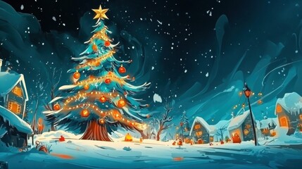 A large Christmas tree with glowing lights stands in a charming snowy village under a starry night sky, creating a magical holiday atmosphere with cozy cabins nearby.
