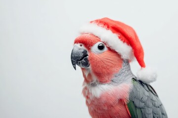 Fototapeta premium A lovely parrot stands with a Santa hat on a white backdrop, blending festivity and nature in a harmonious visual of seasonal warmth and gentle charm.