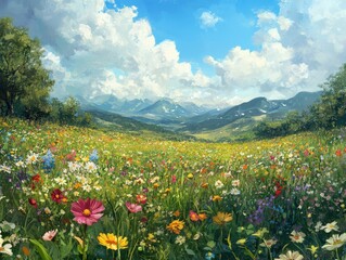 Fototapeta premium Discover the vibrant wildflowers blooming in a lush meadow under a clear sky