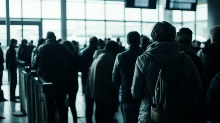 Unrecognizable people standing in line at the airport for check-in, view from the back, passengers waiting for flight check-in at departure terminal, air travel and holiday concept