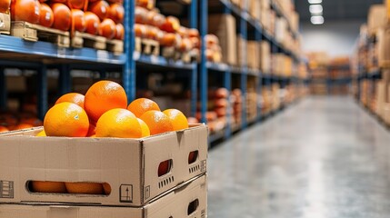 A vibrant warehouse filled with stacked boxes of oranges, showcasing organized storage and the freshness of the produce.