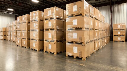 A warehouse filled with neatly stacked cardboard boxes on pallets, organized for storage and distribution.