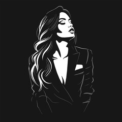 A beautiful woman in a suit, in white on a black background, simple and minimalistic, an elegant line