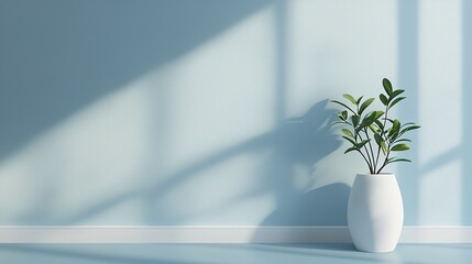 A modern, minimalistic interior scene featuring a light blue wall and a white vase with a green plant, illuminated by soft sunlight shadows.