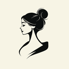 Simple vector logo of a woman with a bun, on a beige background, in black and white