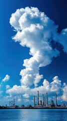 Industrial skyline with factory smokestacks and fluffy clouds under a blue sky.